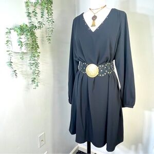 🏷️ NWT Worthington Woman Black Shift Tunic Midi Dress V-Neck Longsleeve